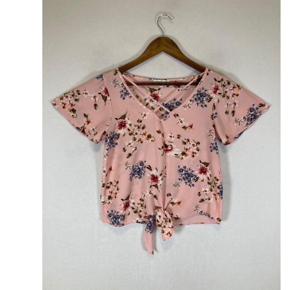 Cottagecore Moa‎ Moa Womens Small Pink Floral Crisscross Tie Front Blouse S